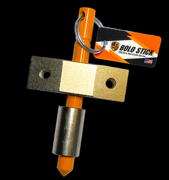 Bolo Stick door barricade device - orange steel pin and mounting bracket